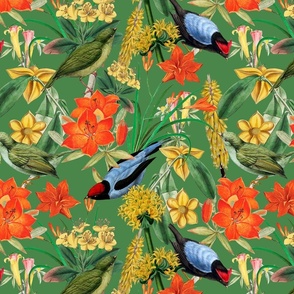 Exquisite antique charm: A Vintage Rainforest Botanical Tropical Pattern, Featuring leaves orange and yellow blossoms,   blue birds on a green background