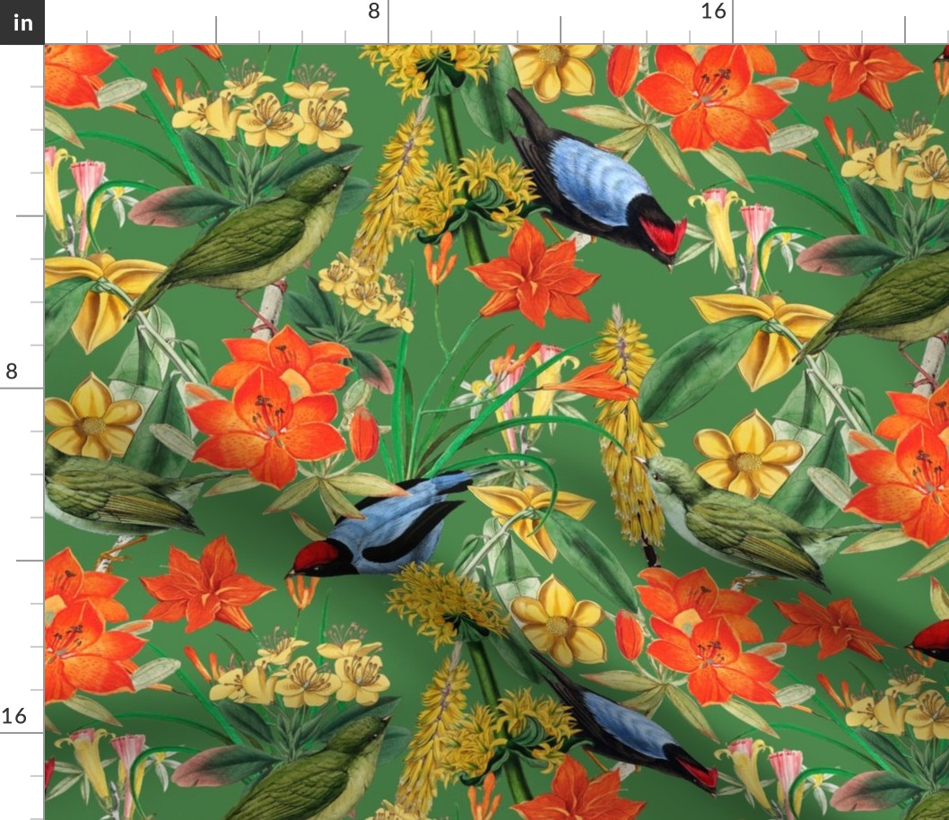 Exquisite antique charm: A Vintage Rainforest Botanical Tropical Pattern, Featuring leaves orange and yellow blossoms,   blue birds on a green background