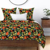 Exquisite antique charm: A Vintage Rainforest Botanical Tropical Pattern, Featuring leaves orange and yellow blossoms,   blue birds on a midnight black background