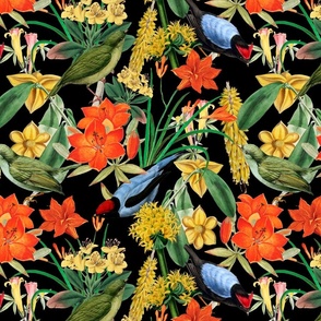 Exquisite antique charm: A Vintage Rainforest Botanical Tropical Pattern, Featuring leaves orange and yellow blossoms,   blue birds on a midnight black background