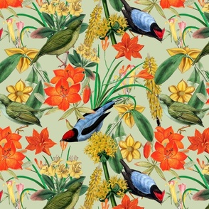 Exquisite antique charm: A Vintage Rainforest Botanical Tropical Pattern, Featuring leaves orange and yellow blossoms,   blue birds on a sage green background