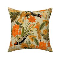 Exquisite antique charm: A Vintage Rainforest Botanical Tropical Pattern, Featuring leaves orange and yellow blossoms,   blue birds on a sepia background