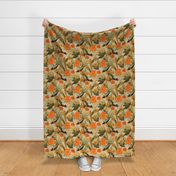 Exquisite antique charm: A Vintage Rainforest Botanical Tropical Pattern, Featuring leaves orange and yellow blossoms,   blue birds on a sepia background