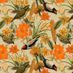 Exquisite antique charm: A Vintage Rainforest Botanical Tropical Pattern, Featuring leaves orange and yellow blossoms,   blue birds on a sepia background