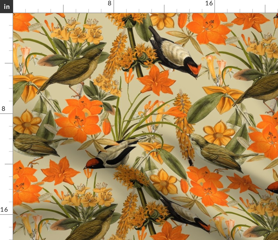 Exquisite antique charm: A Vintage Rainforest Botanical Tropical Pattern, Featuring leaves orange and yellow blossoms,   blue birds on a sepia background