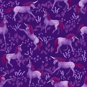 Prancing Unicorns on Dark Purple (small scale)