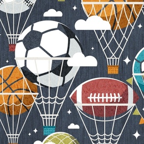 Dream above // large jumbo scale // hale navy background football basketball volleyball tennis baseball American football dreamy balls hot air balloons on sky with clouds and stars wallpaper nursery boys room