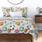 Large jumbo scale // Dream above // bunny grey background football basketball volleyball tennis baseball American football dreamy balls hot air balloons on sky with clouds and stars wallpaper nursery boys room