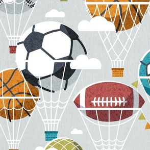 Large jumbo scale // Dream above // bunny grey background football basketball volleyball tennis baseball American football dreamy balls hot air balloons on sky with clouds and stars wallpaper nursery boys room