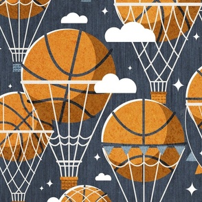 Large jumbo scale // Dream above // hale navy background orange basketball dreamy balls hot air balloons on sky with clouds and stars wallpaper nursery boys room