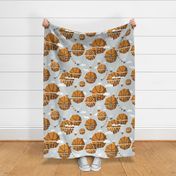 Large jumbo scale // Dream above // bunny grey background orange basketball dreamy balls hot air balloons on sky with clouds and stars wallpaper nursery boys room