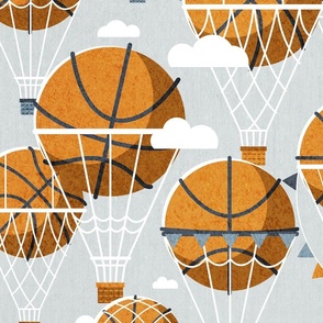Large jumbo scale // Dream above // bunny grey background orange basketball dreamy balls hot air balloons on sky with clouds and stars wallpaper nursery boys room