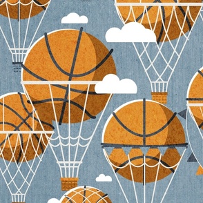 Large jumbo scale // Dream above // bali blue background orange basketball dreamy balls hot air balloons on sky with clouds and stars wallpaper nursery boys room