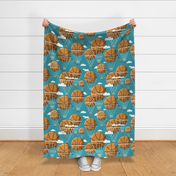 Large jumbo scale // Dream above // peacock blue background orange basketball dreamy balls hot air balloons on sky with clouds and stars wallpaper nursery boys room