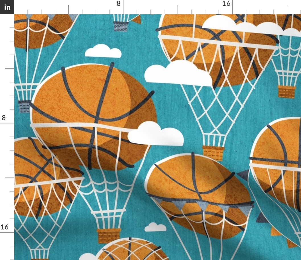 Large jumbo scale // Dream above // peacock blue background orange basketball dreamy balls hot air balloons on sky with clouds and stars wallpaper nursery boys room
