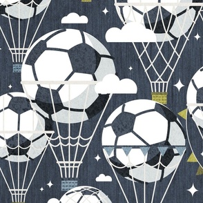 Large jumbo scale // Dream above // hale navy background football dreamy balls hot air balloons on sky with clouds and stars wallpaper nursery boys room