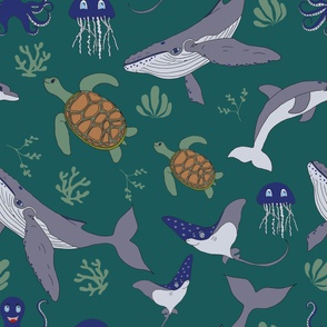 Whales, Dolphins, Turtles Green - Large