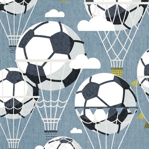 Large jumbo scale // Dream above // bali blue background football dreamy balls hot air balloons on sky with clouds and stars wallpaper nursery boys room