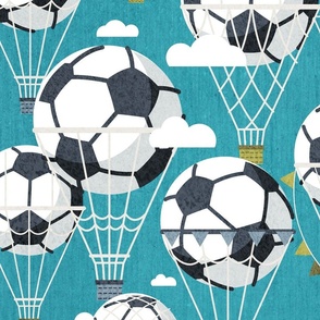 Large jumbo scale // Dream above // peacock blue background football dreamy balls hot air balloons on sky with clouds and stars wallpaper nursery boys room