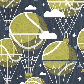 Large jumbo scale // Dream above // hale navy background split pea green tennis dreamy balls hot air balloons on sky with clouds and stars wallpaper nursery boys room