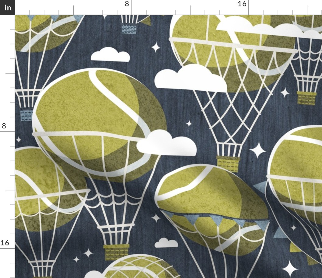 Large jumbo scale // Dream above // hale navy background split pea green tennis dreamy balls hot air balloons on sky with clouds and stars wallpaper nursery boys room
