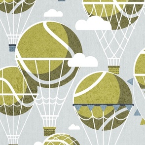 Large jumbo scale // Dream above // bunny grey background split pea green tennis dreamy balls hot air balloons on sky with clouds and stars wallpaper nursery boys room