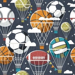 Normal scale // Dream above // hale navy background football basketball volleyball tennis baseball American football dreamy balls hot air balloons on sky with clouds and stars wallpaper nursery boys room