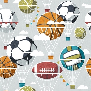 Normal scale // Dream above // bunny grey background football basketball volleyball tennis baseball American football dreamy balls hot air balloons on sky with clouds and stars wallpaper nursery boys room