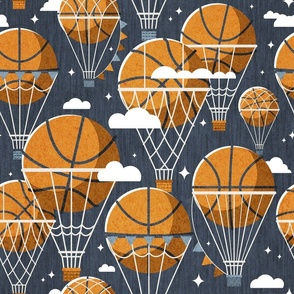 Normal scale // Dream above // hale navy background orange basketball dreamy balls hot air balloons on sky with clouds and stars wallpaper nursery boys room