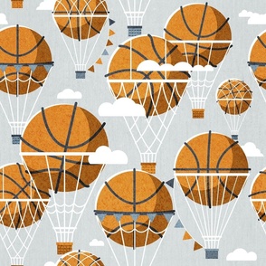 Normal scale // Dream above // bunny grey background orange basketball dreamy balls hot air balloons on sky with clouds and stars wallpaper nursery boys room