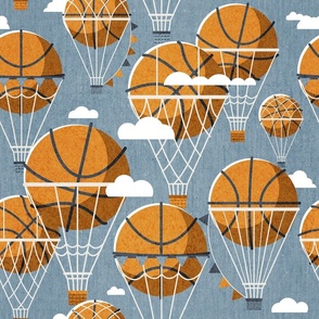 Normal scale // Dream above // bali blue background orange basketball dreamy balls hot air balloons on sky with clouds and stars wallpaper nursery boys room
