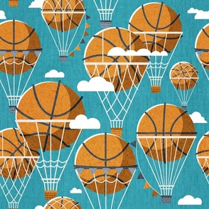 Normal scale // Dream above // peacock blue background orange basketball dreamy balls hot air balloons on sky with clouds and stars wallpaper nursery boys room