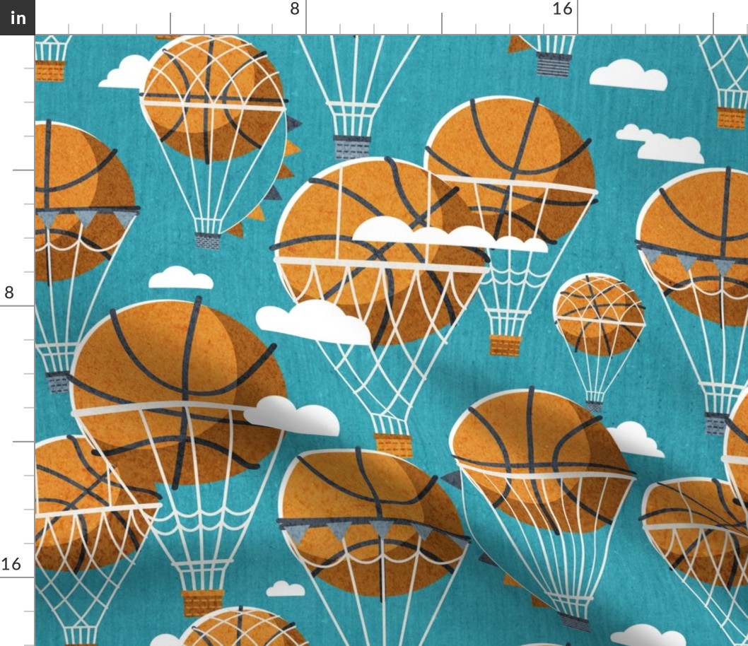 Normal scale // Dream above // peacock blue background orange basketball dreamy balls hot air balloons on sky with clouds and stars wallpaper nursery boys room