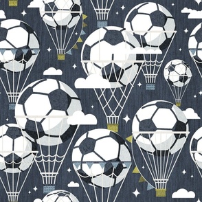 Normal scale // Dream above // hale navy background football dreamy balls hot air balloons on sky with clouds and stars wallpaper nursery boys room