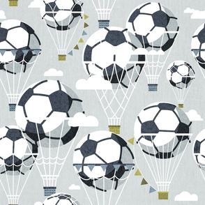 Normal scale // Dream above // bunny grey background football dreamy balls hot air balloons on sky with clouds and stars wallpaper nursery boys room