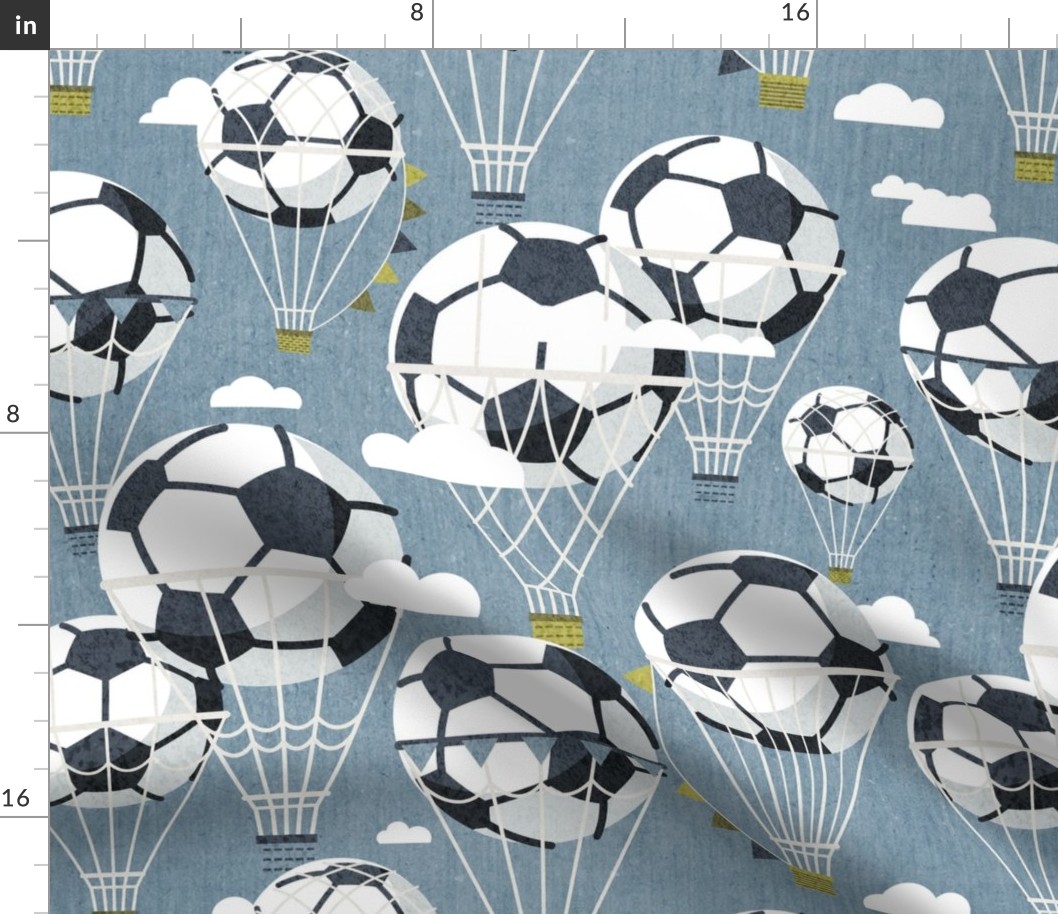 Normal scale // Dream above // bali blue background football dreamy balls hot air balloons on sky with clouds and stars wallpaper nursery boys room