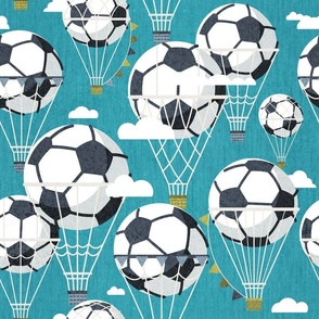 Normal scale // Dream above // peacock blue background football dreamy balls hot air balloons on sky with clouds and stars wallpaper nursery boys room