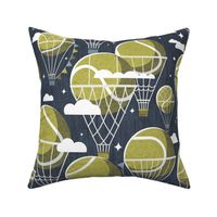 Normal scale // Dream above // hale navy background split pea green tennis dreamy balls hot air balloons on sky with clouds and stars wallpaper nursery boys room