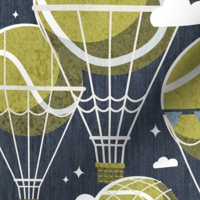 Normal scale // Dream above // hale navy background split pea green tennis dreamy balls hot air balloons on sky with clouds and stars wallpaper nursery boys room