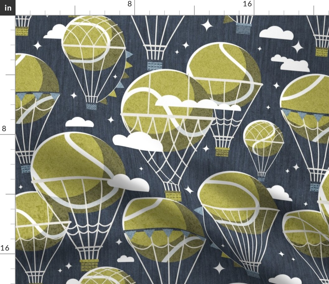 Normal scale // Dream above // hale navy background split pea green tennis dreamy balls hot air balloons on sky with clouds and stars wallpaper nursery boys room