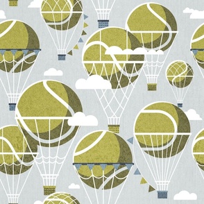 Normal scale // Dream above // bunny grey background split pea green tennis dreamy balls hot air balloons on sky with clouds and stars wallpaper nursery boys room