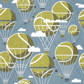 Normal scale // Dream above // bali blue background split pea green tennis dreamy balls hot air balloons on sky with clouds and stars wallpaper nursery boys room