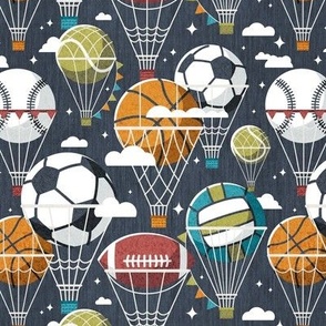 Small scale // Dream above // hale navy background football basketball volleyball tennis baseball American football dreamy balls hot air balloons on sky with clouds and stars wallpaper nursery boys room