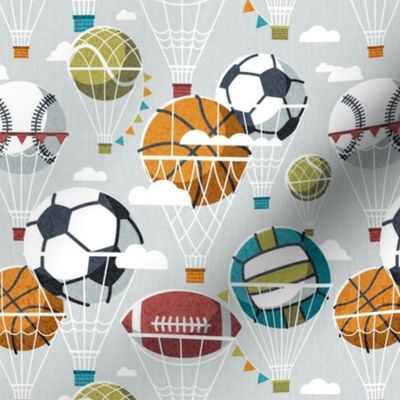 Small scale // Dream above // bunny grey background football basketball volleyball tennis baseball American football dreamy balls hot air balloons on sky with clouds and stars wallpaper nursery boys room