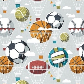 Small scale // Dream above // bunny grey background football basketball volleyball tennis baseball American football dreamy balls hot air balloons on sky with clouds and stars wallpaper nursery boys room