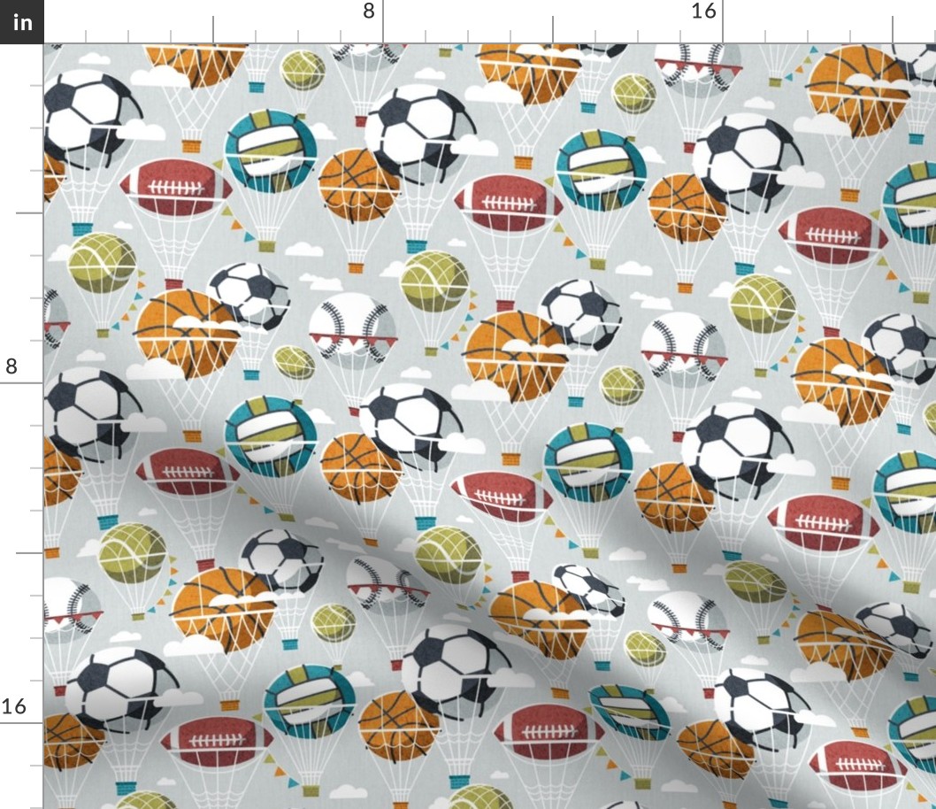 Small scale // Dream above // bunny grey background football basketball volleyball tennis baseball American football dreamy balls hot air balloons on sky with clouds and stars wallpaper nursery boys room