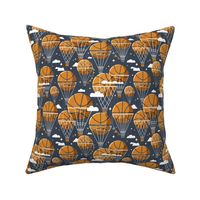 Small scale // Dream above // hale navy background orange basketball dreamy balls hot air balloons on sky with clouds and stars wallpaper nursery boys room