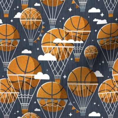Small scale // Dream above // hale navy background orange basketball dreamy balls hot air balloons on sky with clouds and stars wallpaper nursery boys room
