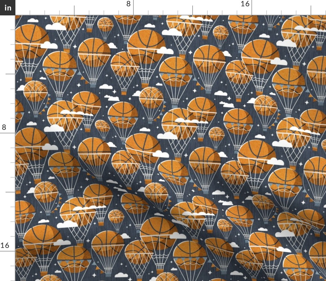 Small scale // Dream above // hale navy background orange basketball dreamy balls hot air balloons on sky with clouds and stars wallpaper nursery boys room