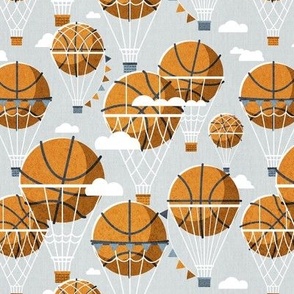 Small scale // Dream above // bunny grey background orange basketball dreamy balls hot air balloons on sky with clouds and stars wallpaper nursery boys room